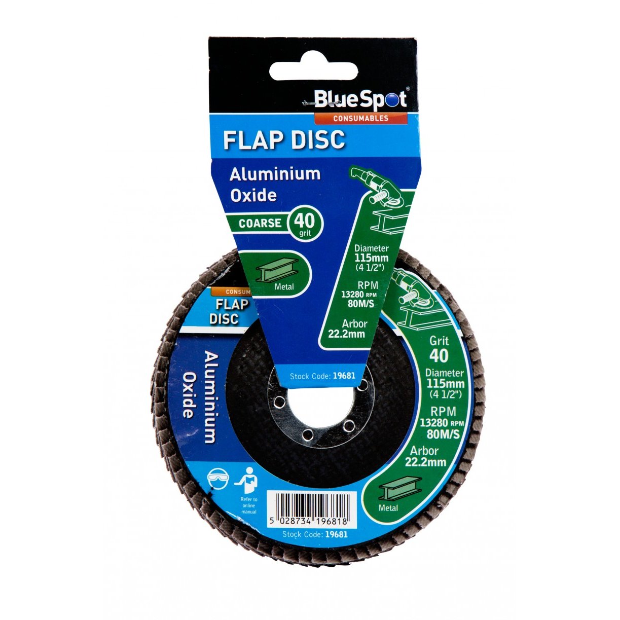 Bluespot 115mm (4.5") 40 Grit Aluminium Oxide Flap Disc (header Card) - Sanding -  flap sanding 115mm 40 grit aluminium oxide 45 angle grinder disc